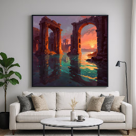 Poster Ruínas Submersas - Estilo de Ilustração de Paisage