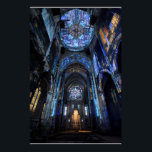 Poster Ruined Cathedral Stained Glass Projection Glow<br><div class="desc">An abandoned gothic cathedral interior is dramatically illuminated by projected stained-glass light pouring from a massive rose window high above. Intense beams of sapphire blue, emerald green, ruby red, amethyst purple, and golden yellow cascade across crumbling arches, shattered stone, and the central altar, transforming decay into transcendent beauty. The interplay...</div>