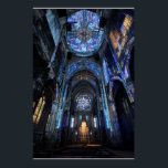 Poster Ruined Cathedral Stained Glass Projection Glow<br><div class="desc">An abandoned gothic cathedral interior is dramatically illuminated by projected stained-glass light pouring from a massive rose window high above. Intense beams of sapphire blue, emerald green, ruby red, amethyst purple, and golden yellow cascade across crumbling arches, shattered stone, and the central altar, transforming decay into transcendent beauty. The interplay...</div>