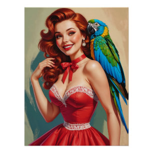 Póster Ruiva Sorridente Pin-Up e Papagaio