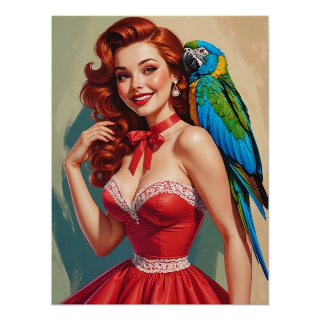 Póster Ruiva Sorridente Pin-Up e Papagaio (Frente)