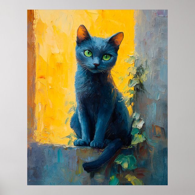Poster Russian Blue Cat in Golden Light – Peaceful Ledge  (Frente)