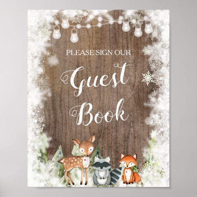 Poster Russo Animais de inverno Woodland Baby Guest Book (Frente)