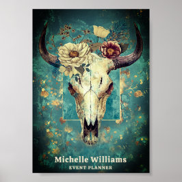 Poster Russo Cow Skull Floral Boho Western Business Logo