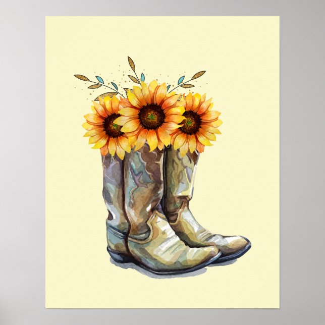 Poster Russo Cowboy Boots com Girassóis (Frente)