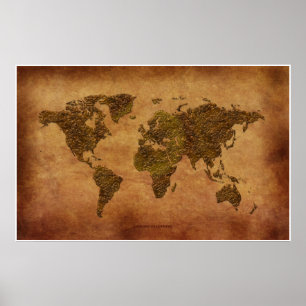 Póster Rustic 3D World Map on Parchment-effect