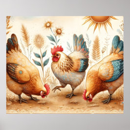 Poster Rustic Barnyard Chickens Boho Country Fazenda