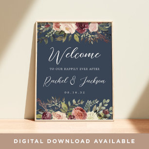 Poster Rustic Bloom Watercolor Floral Weding Bem-Vindo