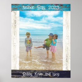 Poster Rustic Blue White Beach Wood Text Photo Frame