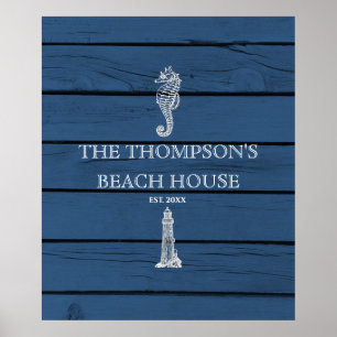 Poster Rustic Blue Wood Sea Lighthouse Beach House