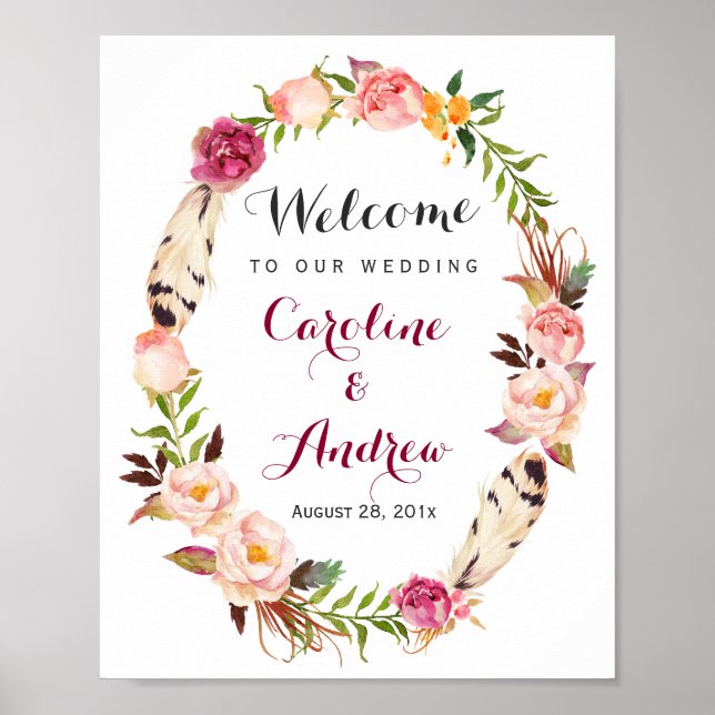 Póster Rustic Boho Floral Wreath Bem-Vindo Sinal de Casam (Frente)