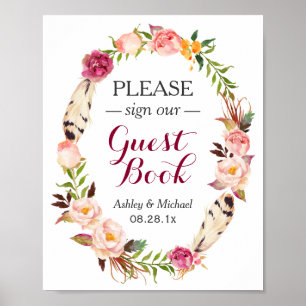 Poster Rustic Boho Floral Wreath Guestbook Sinal de Casam