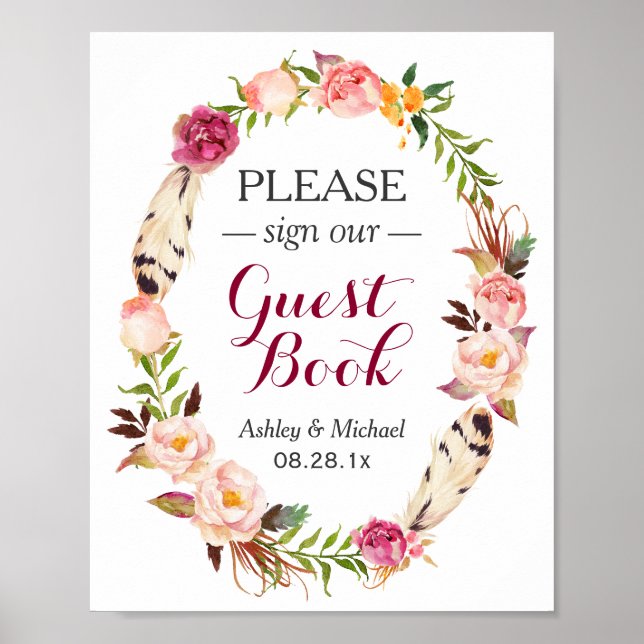 Poster Rustic Boho Floral Wreath Guestbook Sinal de Casam (Frente)