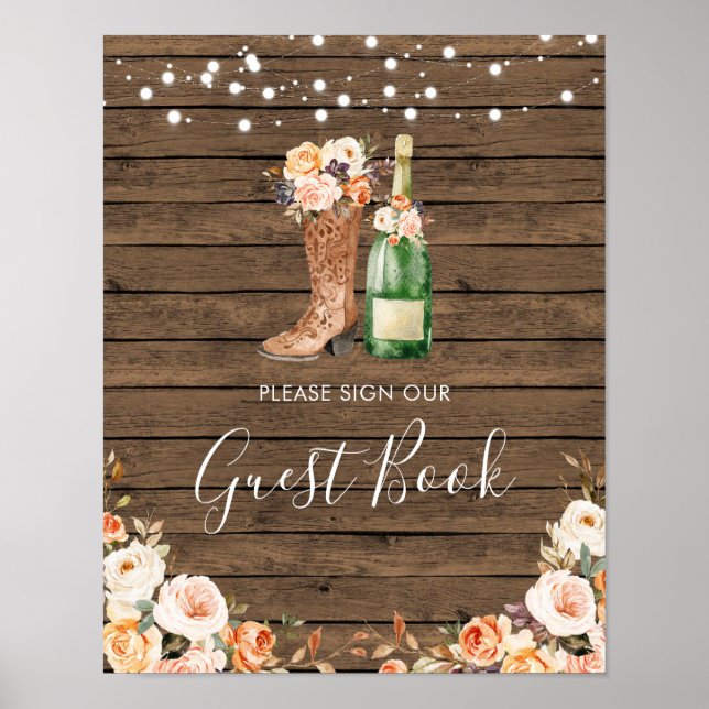 Poster Rustic Boots & Bubbles Chá de panela Guest Book (Frente)