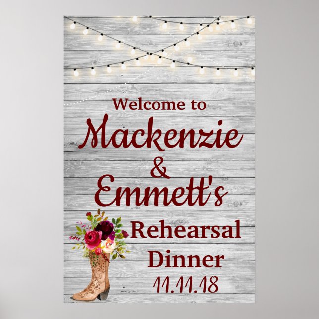 Poster Rustic Burgundy Boho Rehearsal Dinner Welcome Sign (Frente)