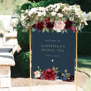 Poster Rustic Burgundy e Marinho Floral Bridal Tea Bem-vi