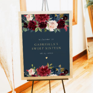 Poster Rustic Burgundy e Marinho Floral Sweet 16 Boas-vin