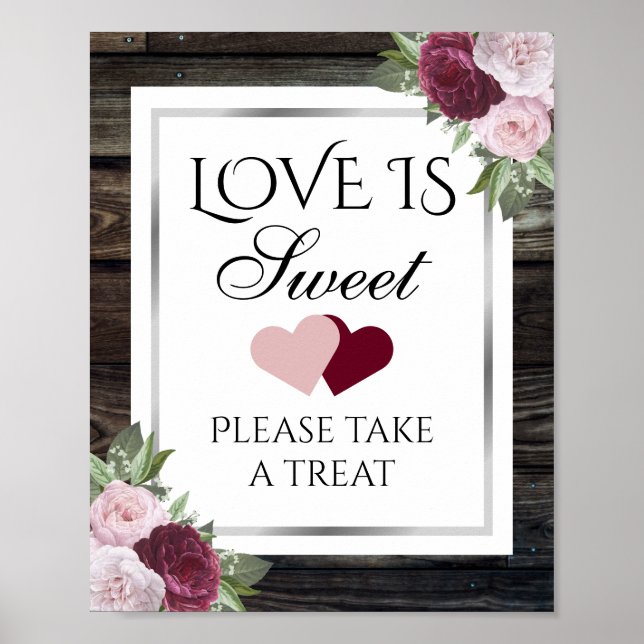 Poster Rustic Burgundy e Silver Weding Candy Sinal Bar (Frente)