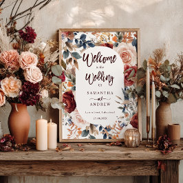 Poster Rustic Burgundy Fall Floral Boho Weding Bem-vindo