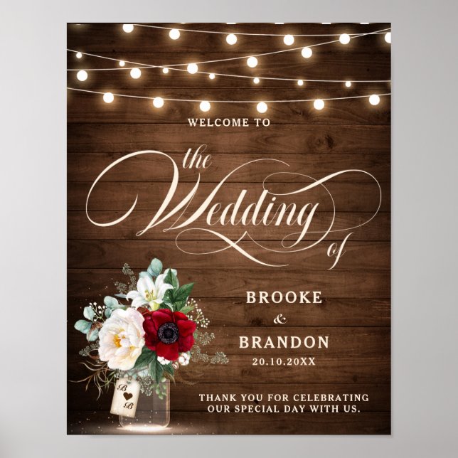 Poster Rustic Burgundy Floral Mason Jar Wedding Welcome (Frente)