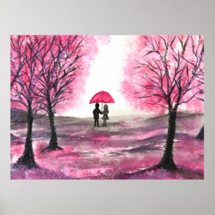 Poster Rustic Cherry Blossoms Love couple Red Umbrella
