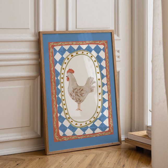Poster Rustic Chicken Illustration  (Farmhouse chicken wall art for nursery with colorful vintage hen illustration)