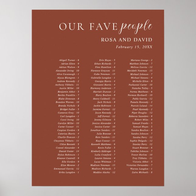 Poster Rustic Copper Modern Wedding Seating Chart (Frente)
