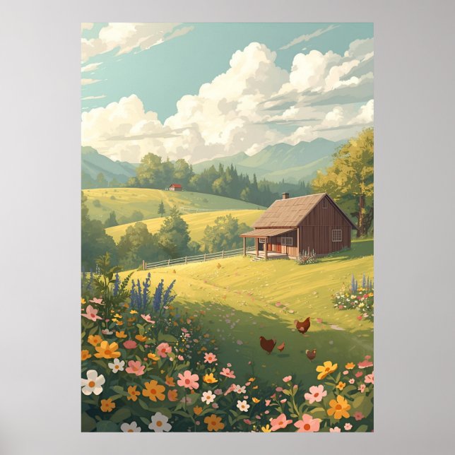 Poster Rustic Countryside Cabin with Wildflowers  (Frente)