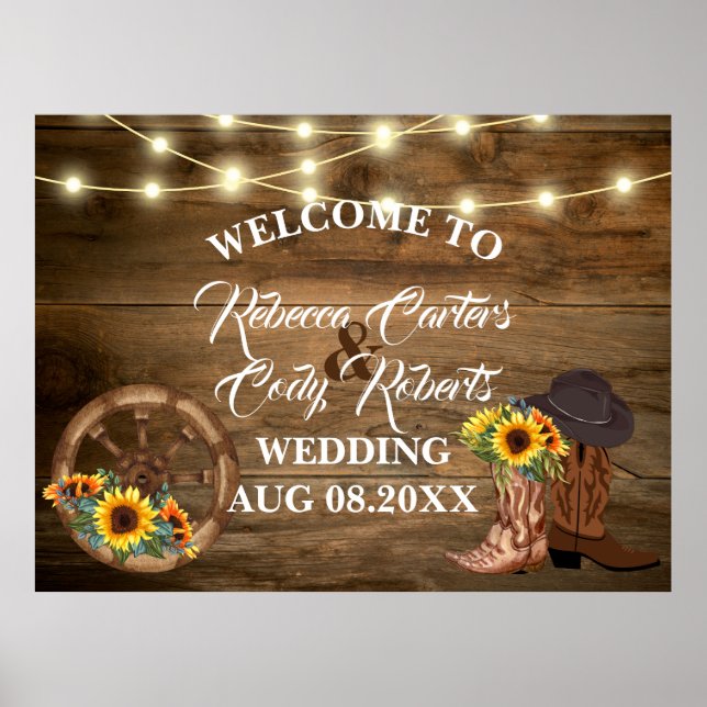 Poster Rustic Cowboy Sunflower Western Weding Bem-vindo (Frente)