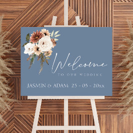 Poster Rustic Dusty Blue Peach Casamento Floral Bem-vindo