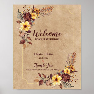Poster Rustic Fall Burgundy Floral Bem-Vindo Ao Nosso Cas