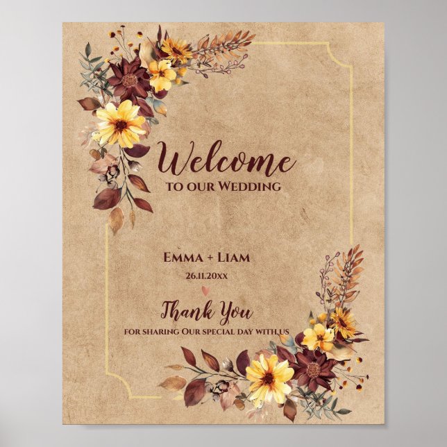 Poster Rustic Fall Burgundy Floral Bem-Vindo Ao Nosso Cas (Frente)