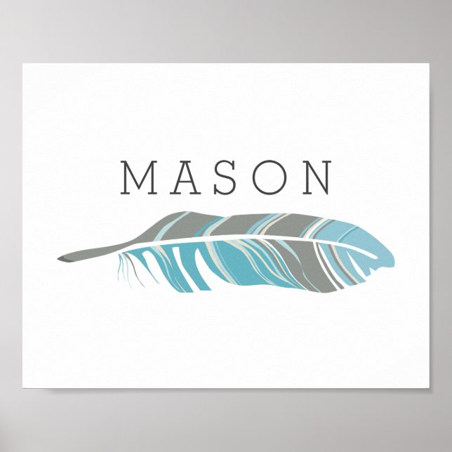 Póster Rustic Feather | Blue Personated Name Wall Art (Frente)