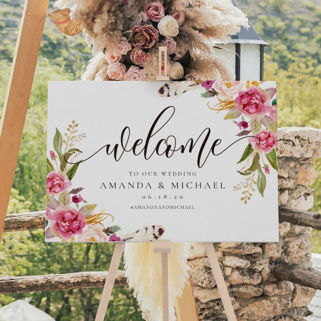 Poster Rustic Floral and Feather Welcome Weding Sign (Criador carregado)