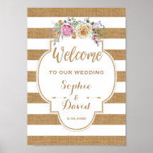 Rustic Floral Burlap Stripes WELCOME