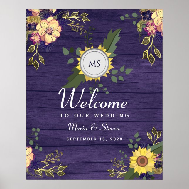 Poster Rustic Floral Purple Weding Welcome (Frente)