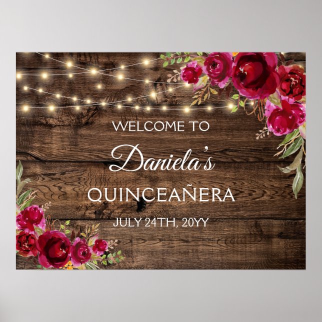 Poster Rustic Floral Welcome to Quinceañera 15 Birthday (Frente)