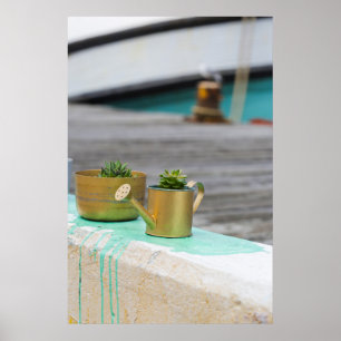 Poster Rustic Golden Pots Turquoise Running Paint
