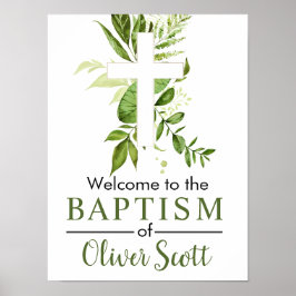 Poster Rustic Greenery Cross Boy Baptism Bem-vindo