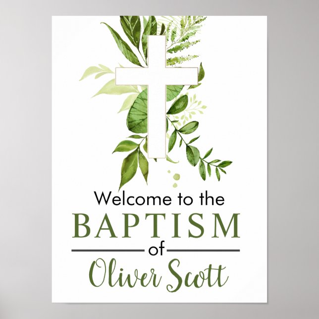 Poster Rustic Greenery Cross Boy Baptism Bem-vindo (Frente)