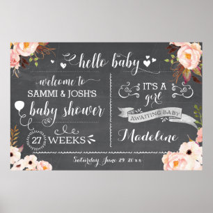 Póster Rustic Hello Baby Floral Baby Shower Sign
