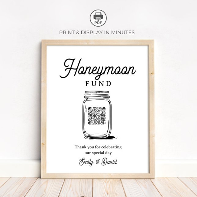 Poster Rustic Honeymoon Fund Jar QR Code Wedding Sign (Criador carregado)