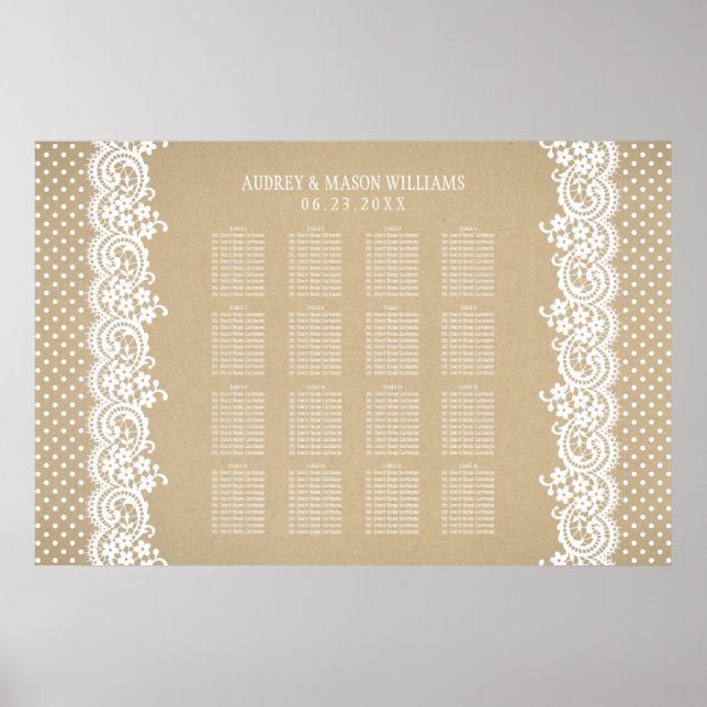 Poster Rustic Kraft e Lace Wedding Seating (Frente)