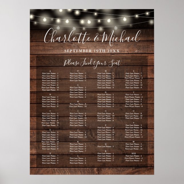 Poster Rustic Lights Alphabetical Wedding Seating Chart (Frente)