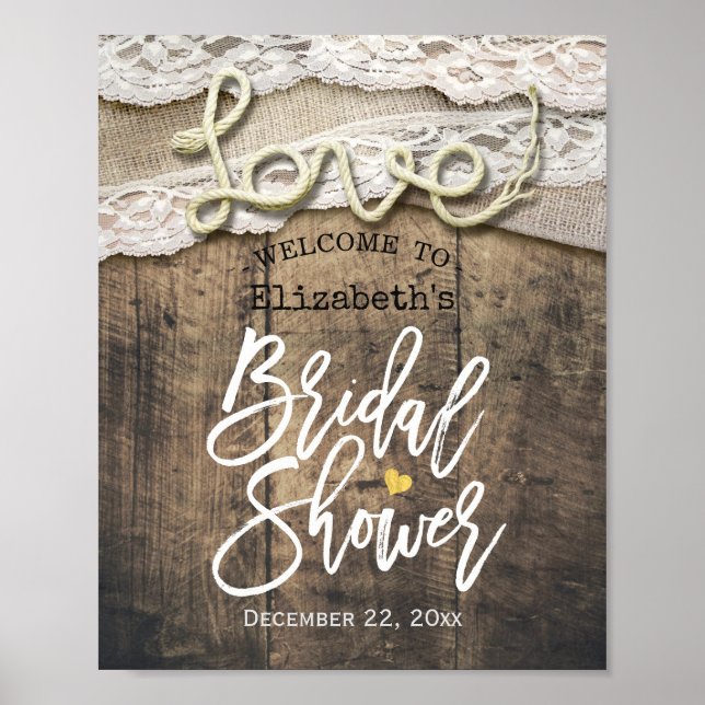 Poster Rustic Love Rope Burlap Lace Chá de panela Bem-vin (Frente)