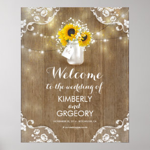 Póster Rustic Mason Jar e Sunflower Sinal de Boas-vindas