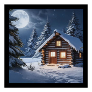 Póster Rustic Moonlight Cozy Winter Cabine