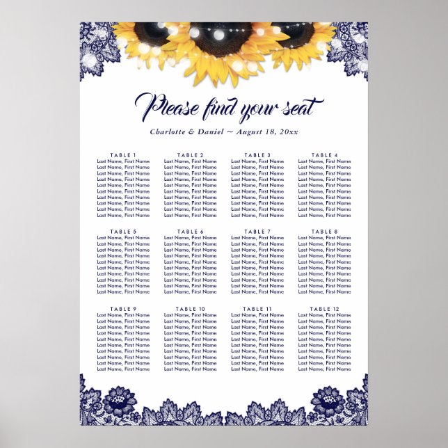 Poster Rustic Navy Blue Lace Sunflower Seating Chart 12 (Frente)