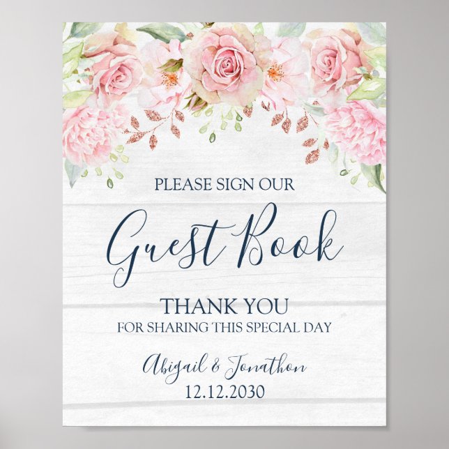 Poster Rustic Pink Floral Spring Wedding Guest Book Sign (Frente)