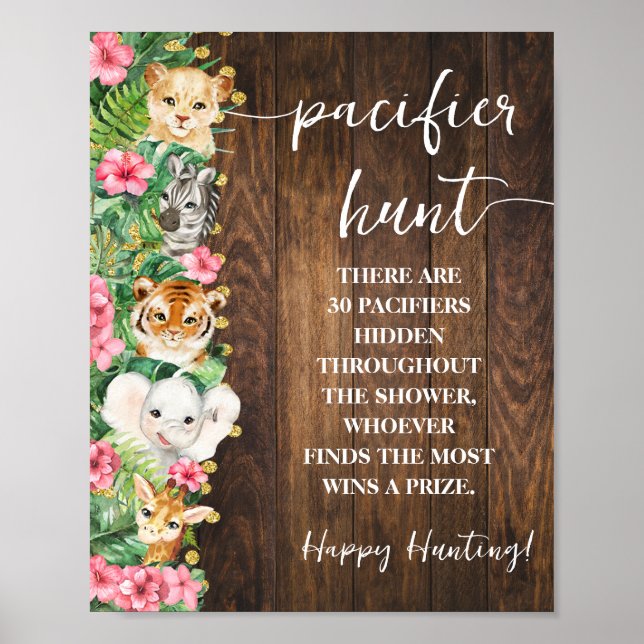 Poster Rustic Pink Safari Pacifier Hunt Baby Shower Game (Frente)